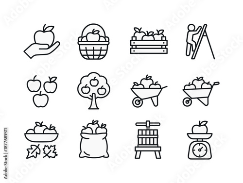 Apple Harvest Icons. Apple harvest. Line icon set of Apple harvest: apple picking hand, fruit basket, crate of apples, ladder climb, apple bundle, orchard