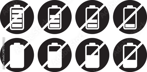 Battery Icon with forbidden sign. No charging symbols. Forbidden energy icons. Power cell restriction graphic design. Battery prohibited signs.  No Charging Icon Silhouette black. Power cell