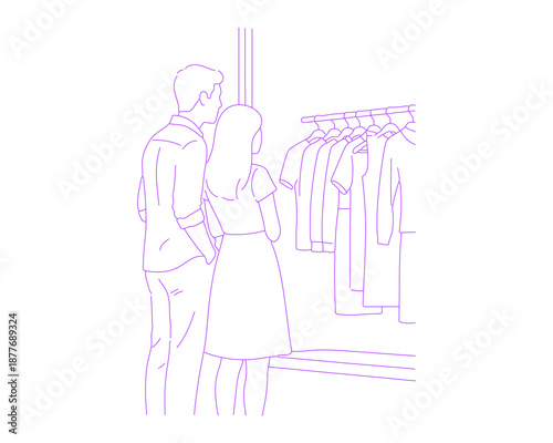 Couple Looking at Store Window Display Lineart Illustration