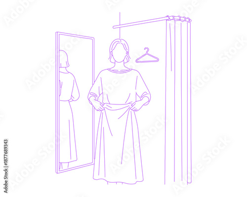 Person Trying on Clothes in Fitting Room Lineart Illustration