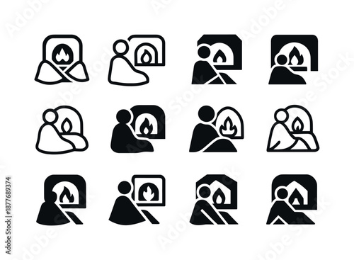 Cozy Fireplace Icons. People enjoying a warm fire in the fireplace. Icon set. Set Logo of people enjoying a warm fire in the fireplace: blanket and firelight.