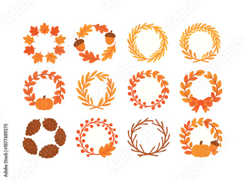 Colorful Autumn Wreath Icons. Autumn Wreaths. Colorful flat vector icons set of Autumn Wreaths: maple leaves ring, acorn cluster, wheat sprigs, pumpkin accent,