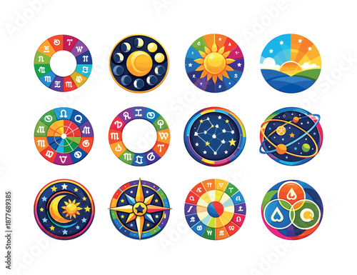 Astrological Icon Set. Astrological Circles. Colorful flat vector icons set of Astrological Circles: zodiac wheel, lunar phases ring, sun chart circle, rising