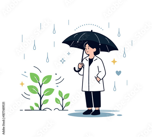 Rainy Renewal Journey. Rain and renewal symbolism. A character standing calmly under light rain, holding an umbrella while fresh leaves begin to grow nearby.