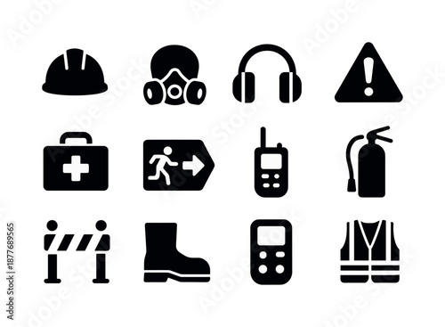 Mine Safety Icons. Mine safety practices. Solid icon set of mine safety practices: safety helmet, respirator mask, ear protection, hazard sign, first aid kit,