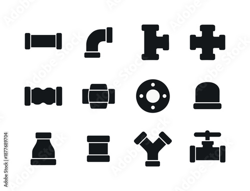 Pipe Fittings Icons. Pipe joints and fittings. Solid icon set of pipe joints and fittings: straight joint, elbow joint, tee joint, cross joint, flexible