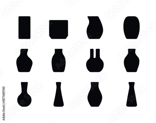 Modern Vase Icons. Modern vases. Solid icon set of Modern vases: cylinder vase, square pot, asymmetrical vase, minimalist form, abstract silhouette, ceramic
