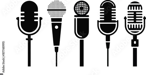 Black Handheld Microphone Vector Icon Set Isolated on White Background Representing Music, Singing, Karaoke, Podcast, and Audio Communication