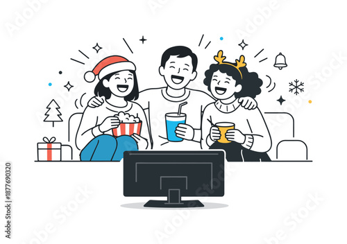 Laughter-Filled Movie Night. Holiday movie night laughter. Viewers reacting together with smiles and laughter, light motion lines showing emotion. Shared joy