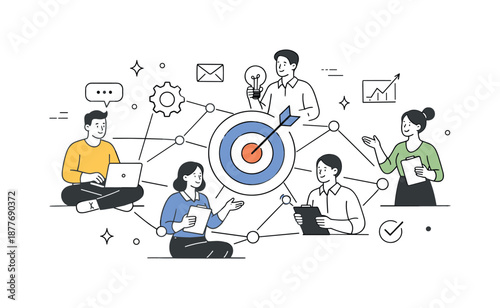 Teamwork Harmony Illustration. Team alignment in conceptual space. Professionals linked by thin lines and nodes, working together on shared goals. Visual