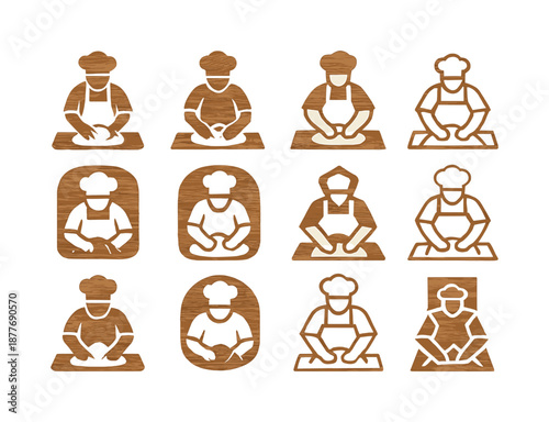 Baker Logo Variations. A baker kneading dough by hand on a flour-covered surface. Icon set. Set Logo of a baker kneading dough by hand on a flour-covered