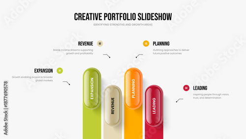 Marketing Growth Slideshow Layout Vector Illustration. Visual Proposal 4 Option Infographic Presentation Template. Product Campaign Four Element Diagram Frame Design.