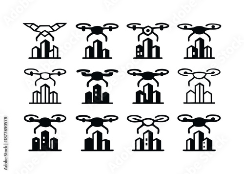 Smart City Icons. smart city developments. Icon set. Set Logo of smart city developments: autonomous drone monitoring city. harmonious logo variations of the