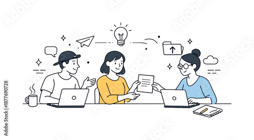 Collaborative Freelance Workspace. Freelancers working together. Independent professionals collaborating at a shared workspace, exchanging ideas and files.