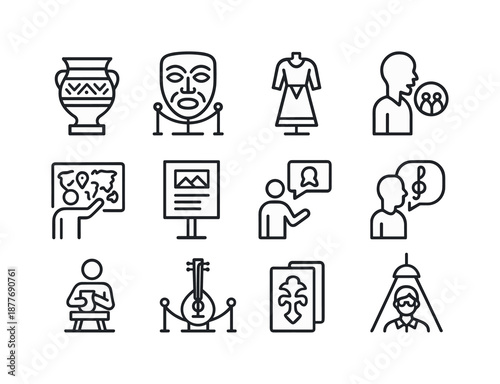 Cultural Icons Collection. Cultural Exhibitions. Line icon set of Cultural Exhibitions: traditional artifact, mask display, cultural costume, interactive map,