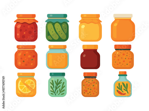 Colorful Homemade Icons. Homemade goods. Colorful flat vector icons set of homemade goods: jam jar, pickles jar, applesauce jar, honey jar, salsa jar, broth