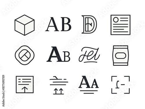 Creative Packaging Icons. Creative packaging. Line icon set of Creative packaging: box design, label typography, decorative font, text layout, brand logo, font