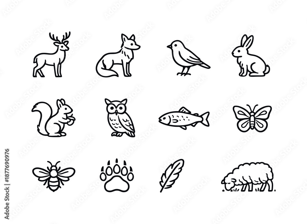 Fototapeta premium Valley Wildlife Icons. Valley wildlife. Line icon set of Valley wildlife: deer, fox, bird, rabbit, squirrel, owl, fish, butterfly, bee, bear paw print,