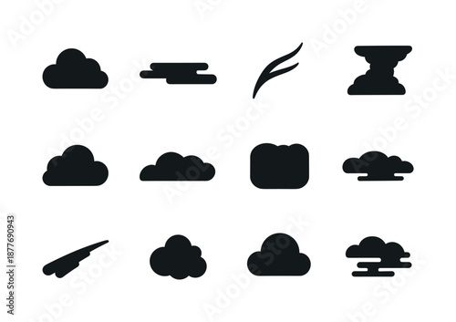 Cloud Icon Grid. Cloud formations. Solid icon set of Cloud formations: cumulus cloud, stratus layer, cirrus streak, cumulonimbus mass, anvil cloud, cloud puff,