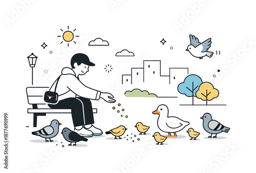 Feeding Birds Serenity. People feeding birds in a city park. Calm morning scene with a person gently tossing crumbs while birds gather around, peaceful