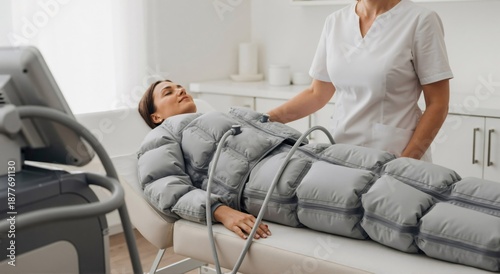 Woman receiving pressotherapy treatment from a therapist. Cosmetologist assisting female client with lymphatic drainage in a beauty clinic.