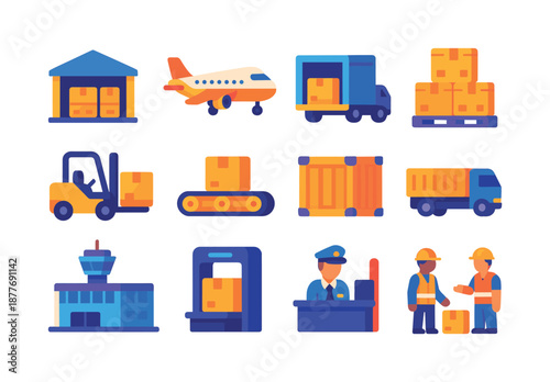 Air Freight Icons. Air freight terminals. Colorful flat vector icons set of Air freight terminals: cargo warehouse, air cargo plane, loading dock, cargo
