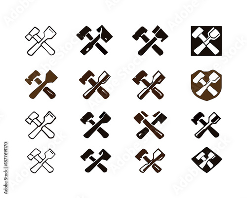 Woodworking Logo Variations. Woodworking and building furniture. Icon set. Set Logo of woodworking and building furniture: wooden hammer + chisel. harmonious