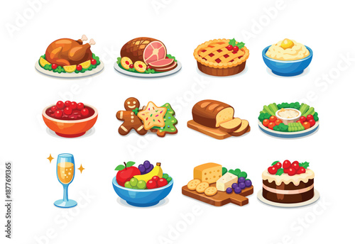 Holiday Feast Icons. Holiday Feasts. Colorful flat vector icons set of Holiday Feasts: roast turkey, glazed ham, festive pie, mashed potatoes, cranberry sauce,