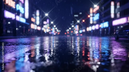 Wallpaper Mural Rain-soaked city street at night, with neon lights reflecting. Bright lights illuminate the wet surface. A cinematic visual Torontodigital.ca