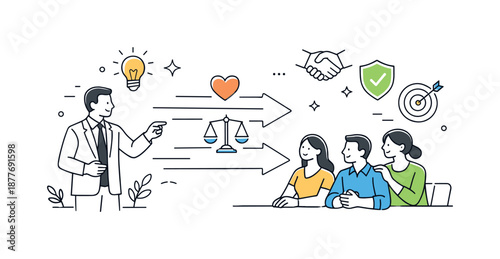 Guiding Ethical Leadership. Ethical leadership at work. Leader guiding team with calm confidence, supportive atmosphere and shared values. Arrows and abstract