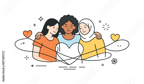 Women Supporting Women. Women Supporting Women. Two or three women standing close together, connected by hearts or abstract lines. Warm atmosphere of