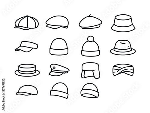 Headwear Icon Set. Headwear collection. Line icon set of Headwear collection: newsboy cap, flat cap, beret, bucket hat, visor cap, winter beanie, pom-pom hat,