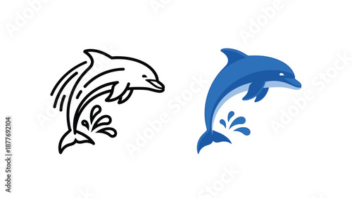 Collection of two graphic designs showcasing a joyful dolphin leaping out of the water featuring a detailed outline version and a vibrant blue colored illustration style