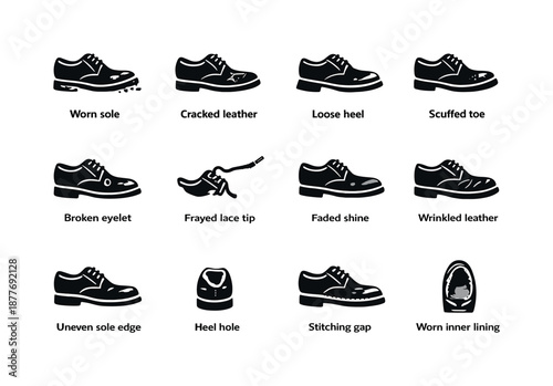 Worn School Shoes Icons. School shoes wear signs. Solid icon set of school shoes wear signs: worn sole, cracked leather, loose heel, scuffed toe, broken