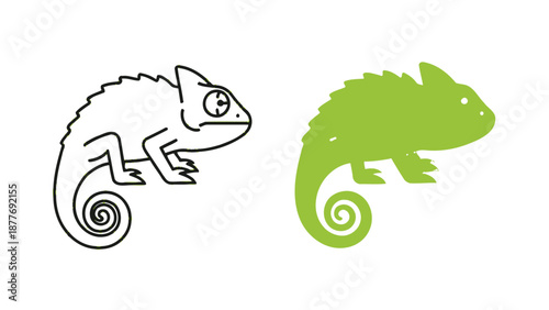 Vector illustration comparing a detailed green chameleon with a simple black and white outline drawing of the same reptile for design contrast and coloring book concepts