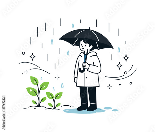 Rainy Renewal Journey. Rain and renewal symbolism. A character standing calmly under light rain, holding an umbrella while fresh leaves begin to grow nearby.
