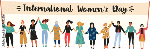 Diverse Group of Women Holding a Long International Women's Day Banner in Unity