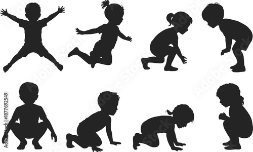 Children silhouette, playful kids, jumping figures, running outline, squatting pose, crouching child, kneeling shadow, dynamic motion, childhood activity, energetic design