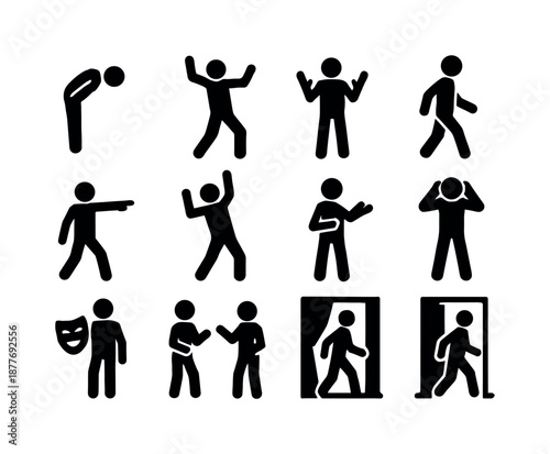 Actor Icon Set. Actor actions. Solid icon set of Actor actions: bowing actor, expressive pose, gesture hands, walking actor, pointing action, dramatic stance,