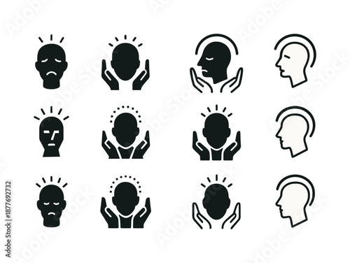 Workplace Stress Icons. Handling workplace stress and managerial support. Icon set. Set Logo of Handling workplace stress and managerial support: Head with