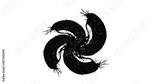 Abstract black organic shape with swirling tendrils on white background