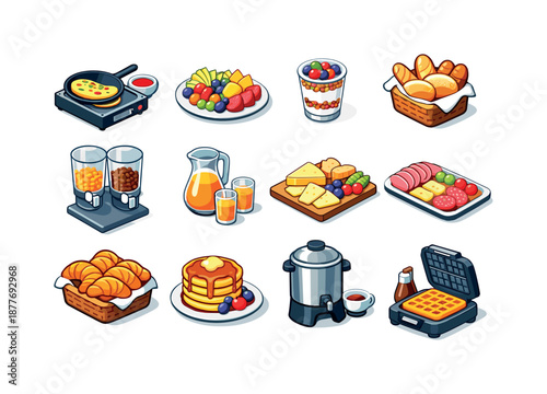 Hotel Breakfast Icons. hotel breakfast buffet. Colorful isometric vector icons set of hotel breakfast buffet: omelette station pan, fruit platter, yogurt
