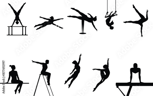 Gymnast silhouette, acrobatic pose, handstand figure, aerial straps, pole dancer, pommel horse, balance beam, leap motion, dance outline, athletic shadow
