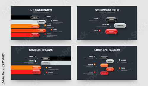 Market Review 5 3 4 Option Infographic Slideshow Design Bundle. Marketing Campaign Five Three Four Element Diagram Slide Template Vector Illustration Collection.