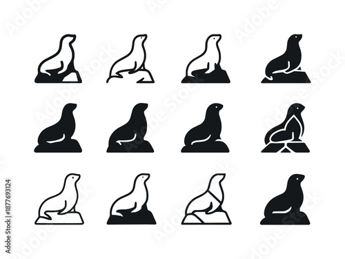 Marine Mammal Icons. Marine mammals. Icon set. Set Logo of Marine mammals: sea lion perched on rock. harmonious logo variations of the same emblematic concept,