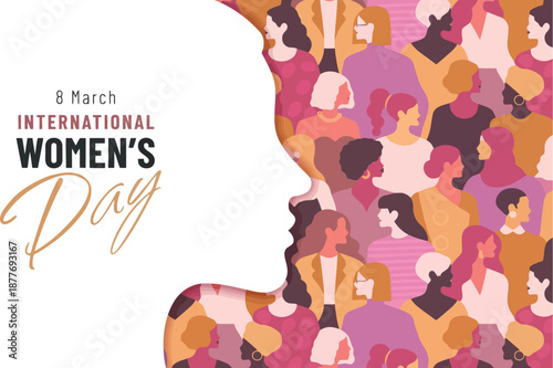 International Women's Day Banner Featuring Silhouette Profile and Diverse Women Pattern