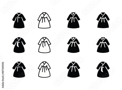 Hanbok Icon Variations. Cultural dress. Icon set. Set Logo of cultural dress: hanbok silhouette. harmonious logo variations of the same emblematic concept,