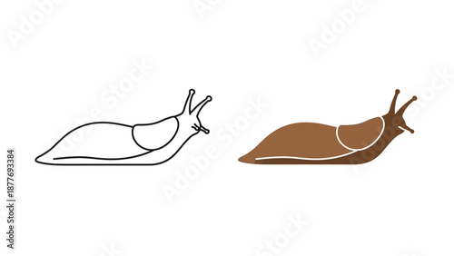 Vector icons illustrating the contrasting styles of a garden pest slug a simple line drawing beside a solid brown silhouette design element