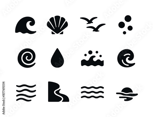 Ocean Ambience Icons. Ocean ambience. Solid icon set of ocean ambience: wave crest, shell icon, distant seagull, underwater bubble, soft tide swirl, splash