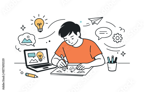 Creative Focus Illustration. Focused creative work. Individual sketching ideas on paper while referencing a digital screen. Quiet concentration and flow with